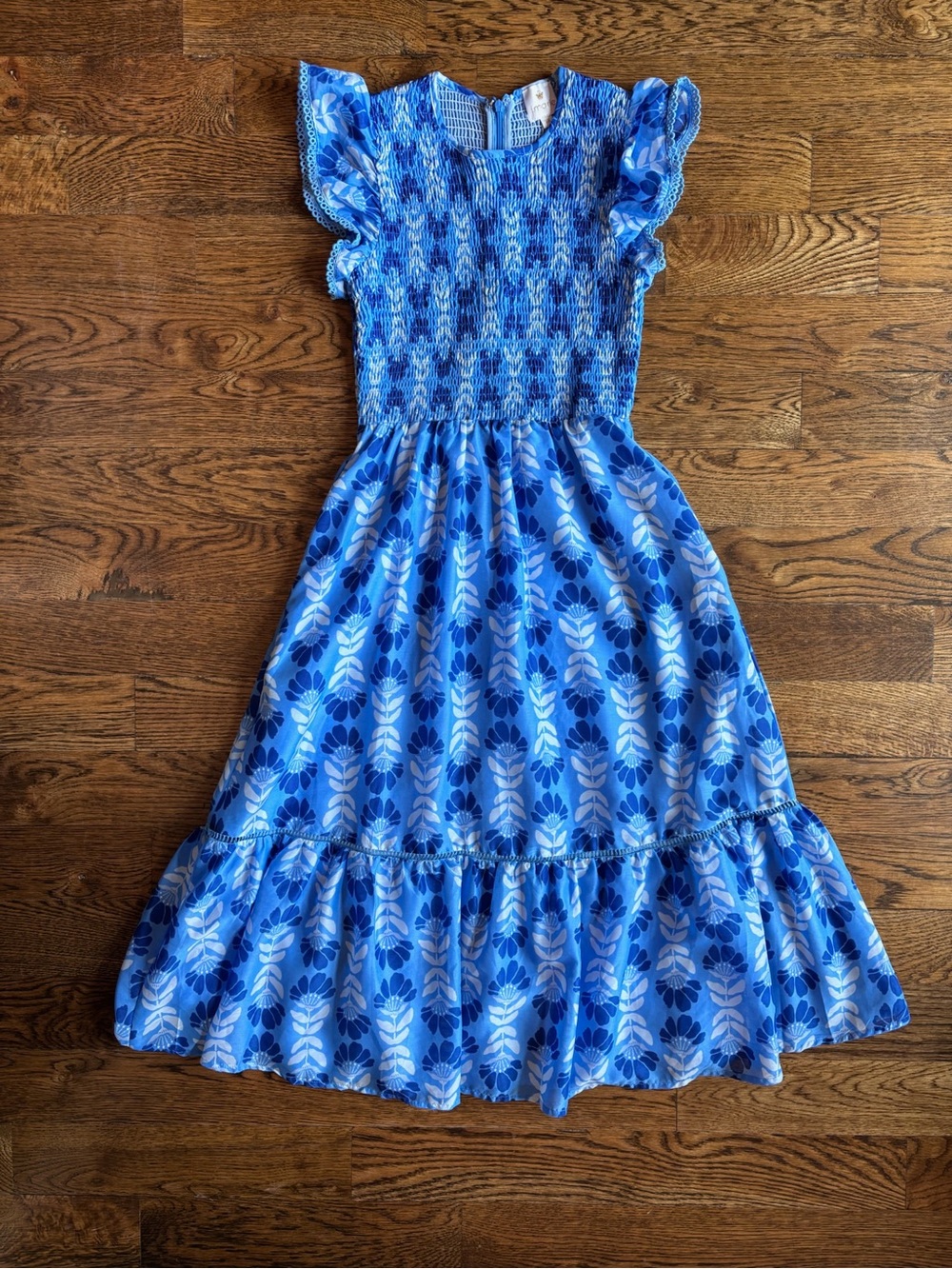 J. Marie Blue Floral Smocked Midi Dress with Smocked Bodice | Women’s XS